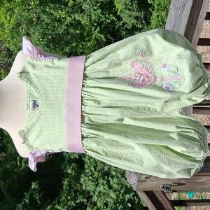 Green & White Gingham Romper, Ribbon, Flamingo, Pearls, Cap Sleeves, 6M